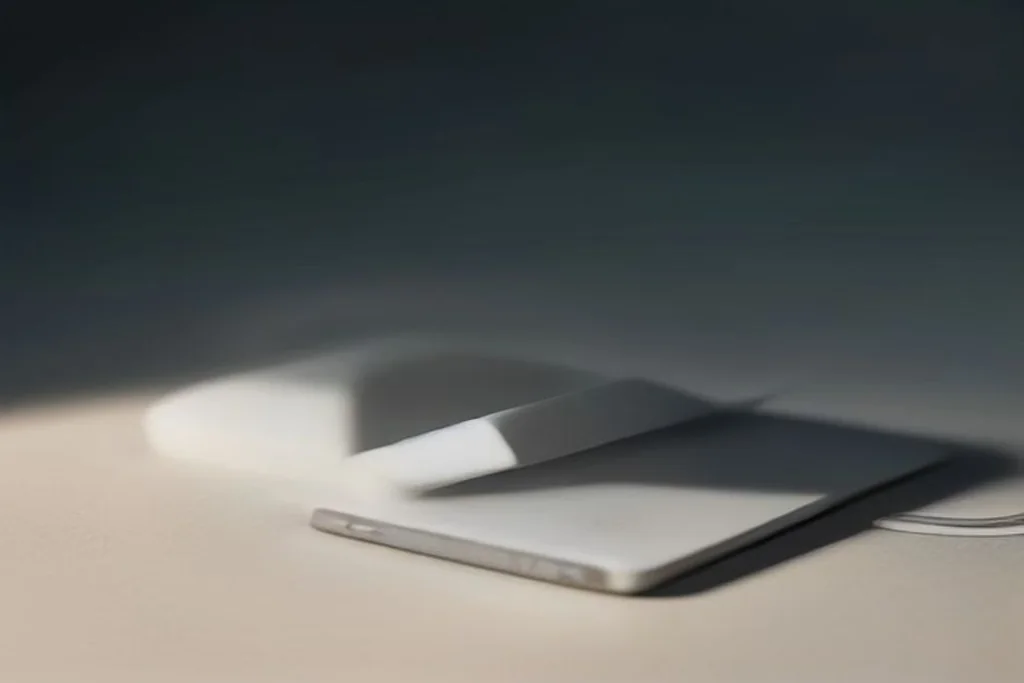 Smartphone moderno su supporto con schermata sfocata neutra, accanto auricolari e power bank, scrivania minimal