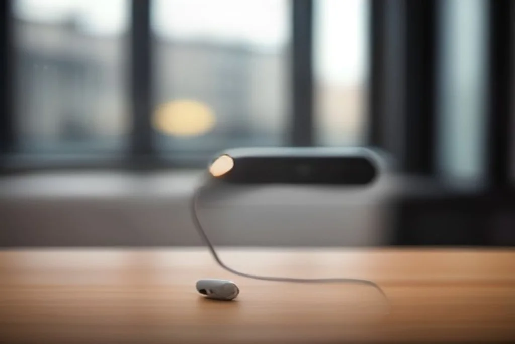 Cuffie auricolari e power bank accanto a uno smartphone chiuso su tavolino da caffè vicino alla finestra, luce serale