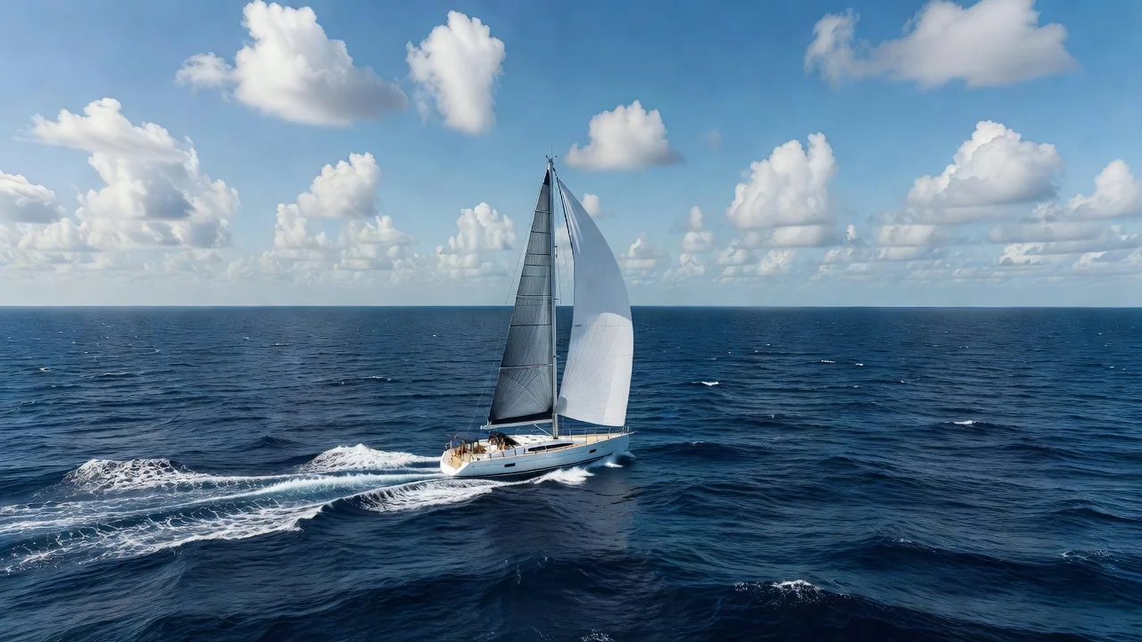 Sailing yacht running downwind under trade wind clouds on a long ocean swell