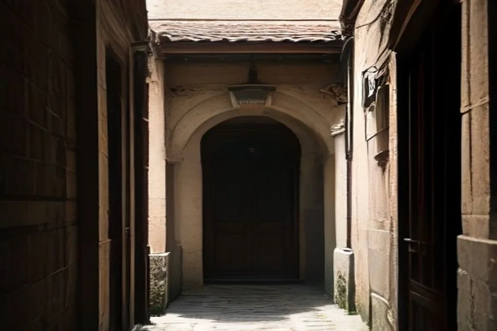 Porta chiusa con segnale di stop generico, corridoio sobrio, luce naturale