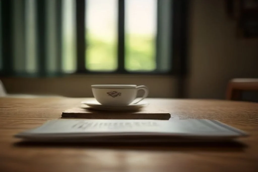 Agenda aperta con penna e tazza di caffè su tavolo di casa, atmosfera tranquilla