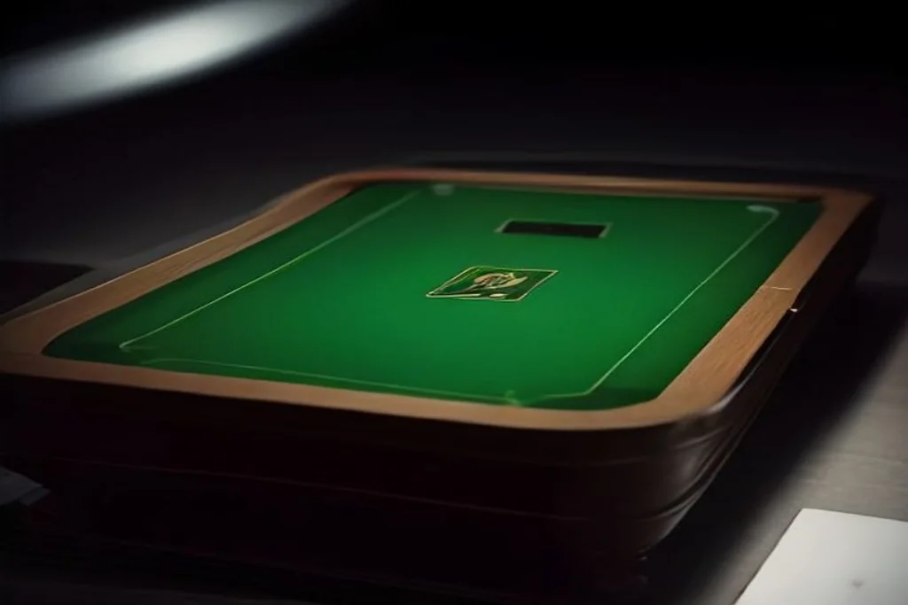 Tavolo da blackjack verde con carte coperte e fiches, croupier assente, luce d'atmosfera