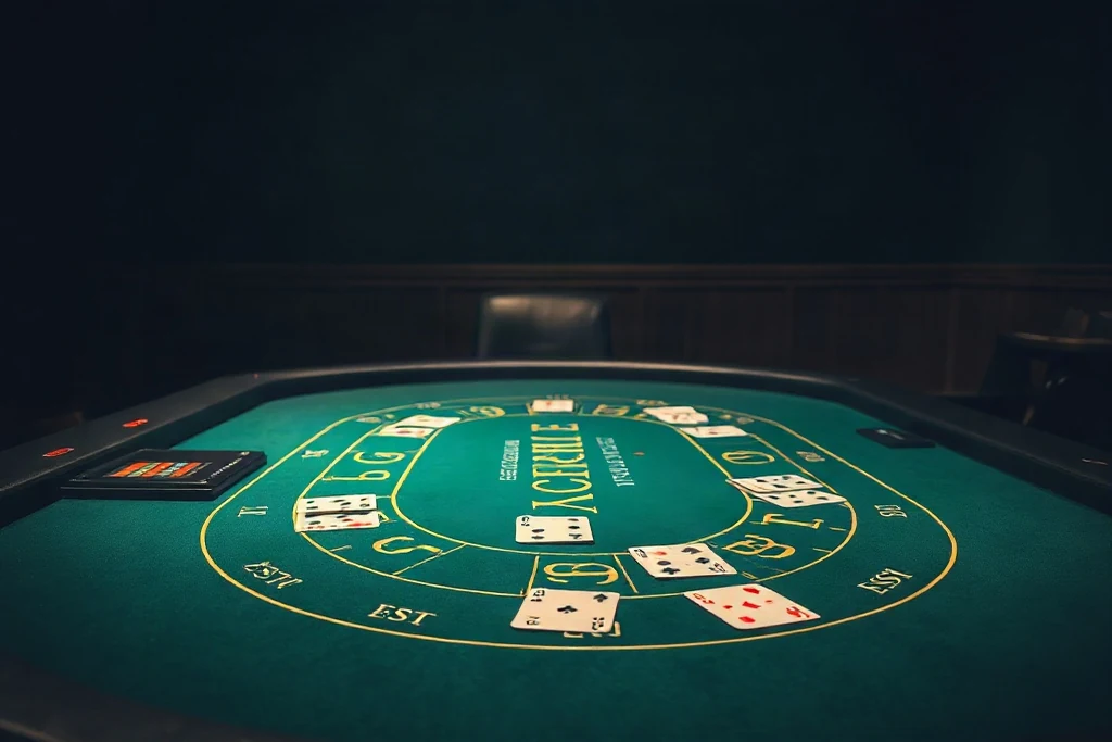 Tavolo da blackjack verde con carte coperte e fiches, croupier assente, luce d'atmosfera