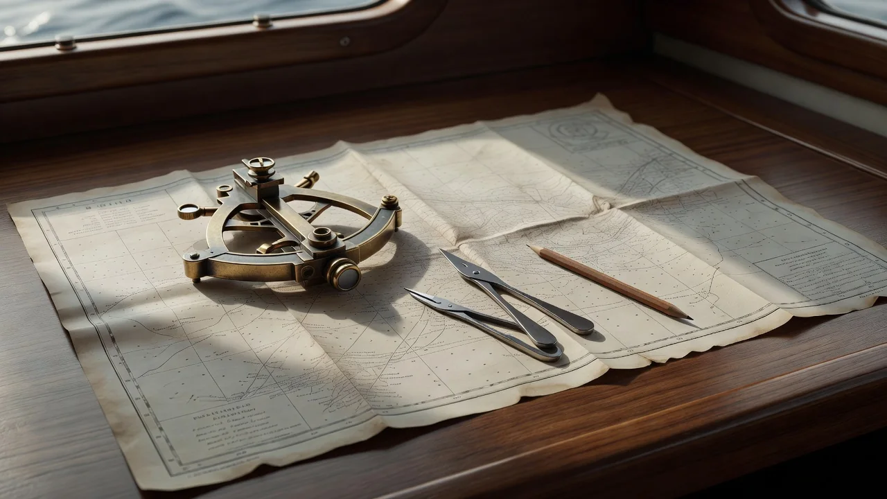 Sextant, dividers and a paper chart spread on a navigation table aboard a yacht