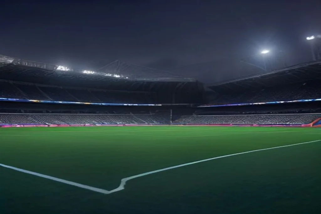 Stadio europeo illuminato di notte visto dall'esterno, architettura moderna, nessuna persona