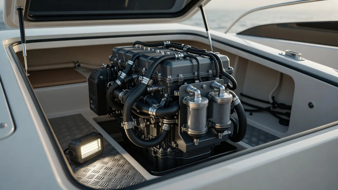Compact marine diesel engine with fuel filters and hoses inside a yacht engine compartment