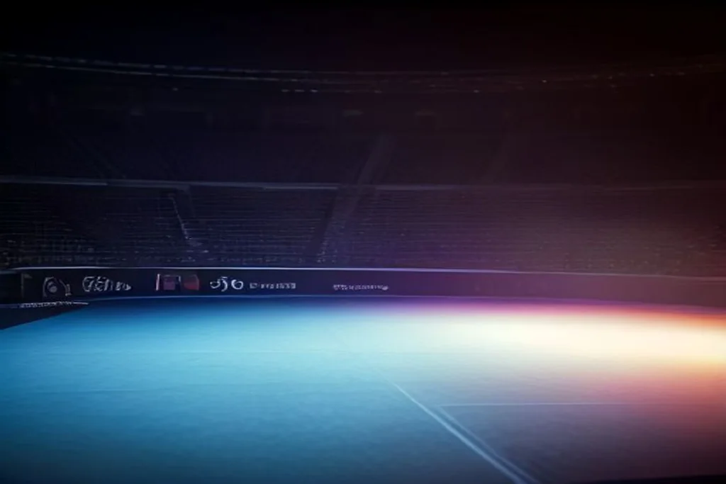 Palco di arena eSports vuoto con impianto di luci colorate e postazioni spente, nessuna persona