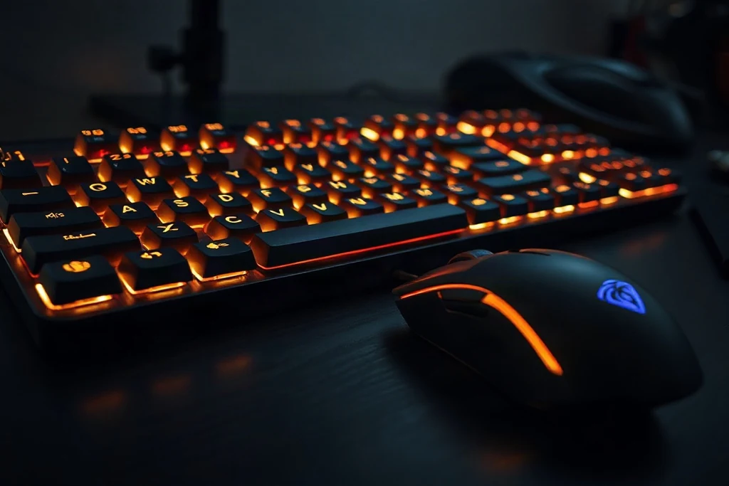 Tastiera meccanica e mouse da gaming illuminati su scrivania scura