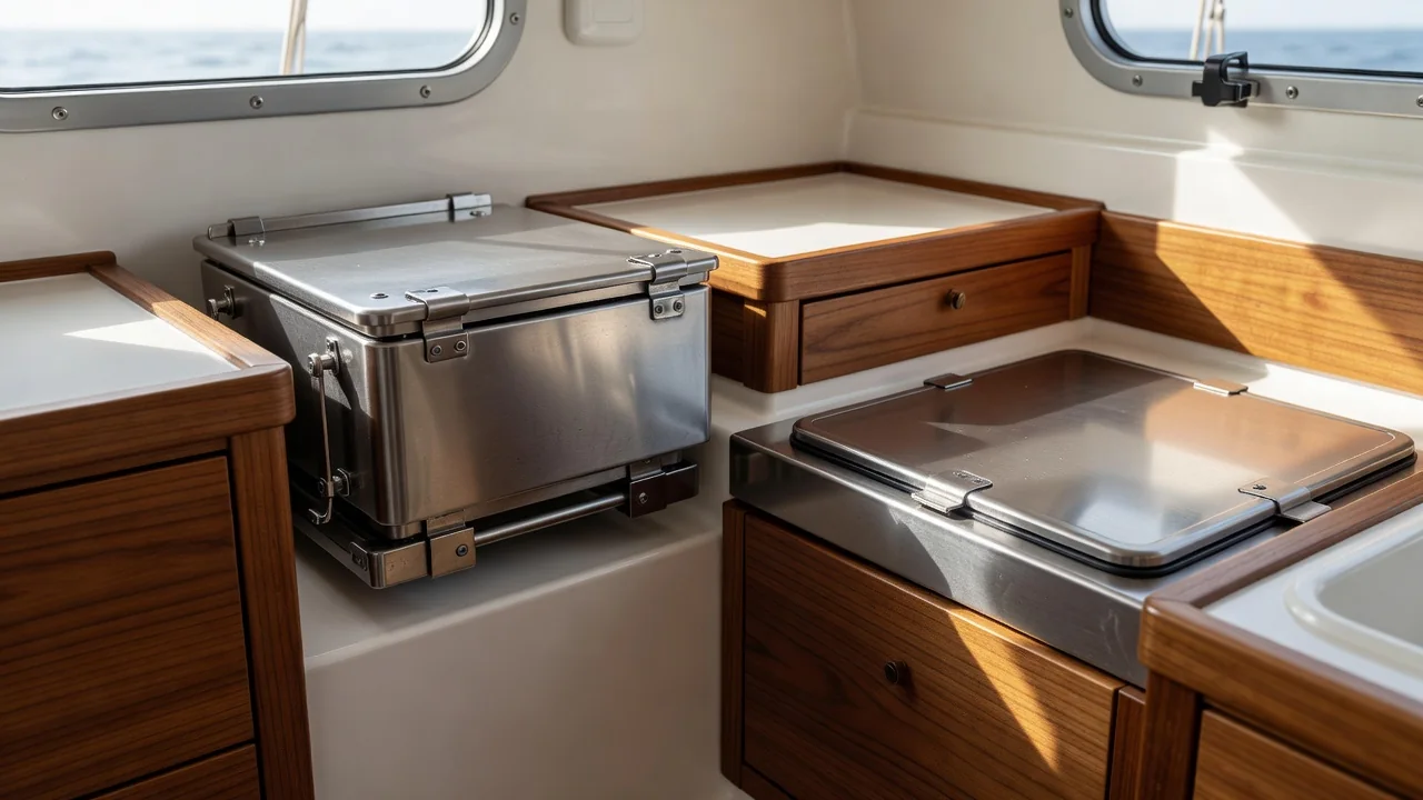 Gimballed marine stove and sealed gas locker aboard an ocean cruising sailboat
