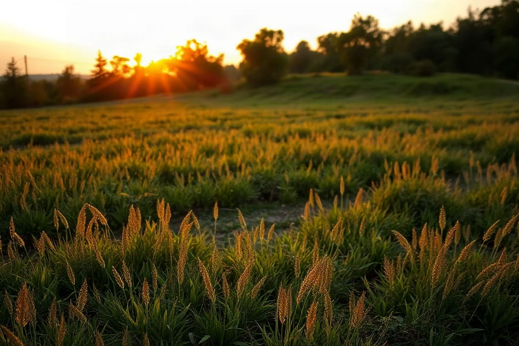 Due bandierine del calcio piantate su un campo erboso al tramonto, composizione simmetrica