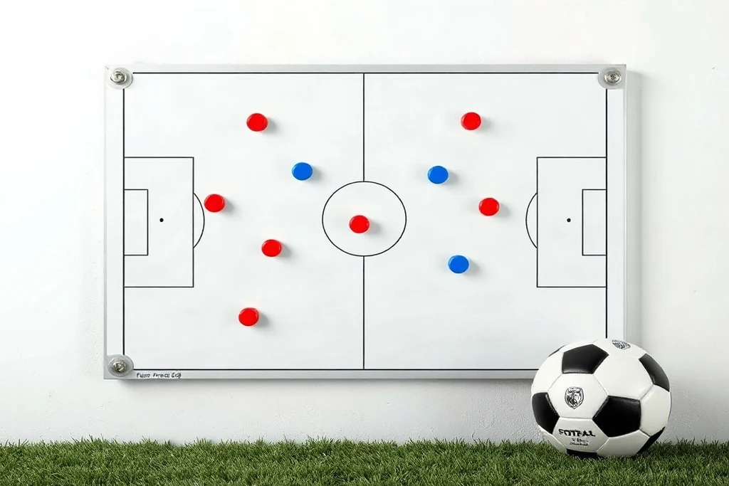 Lavagna tattica da calcio con magneti rossi e blu in formazione e pallone accanto