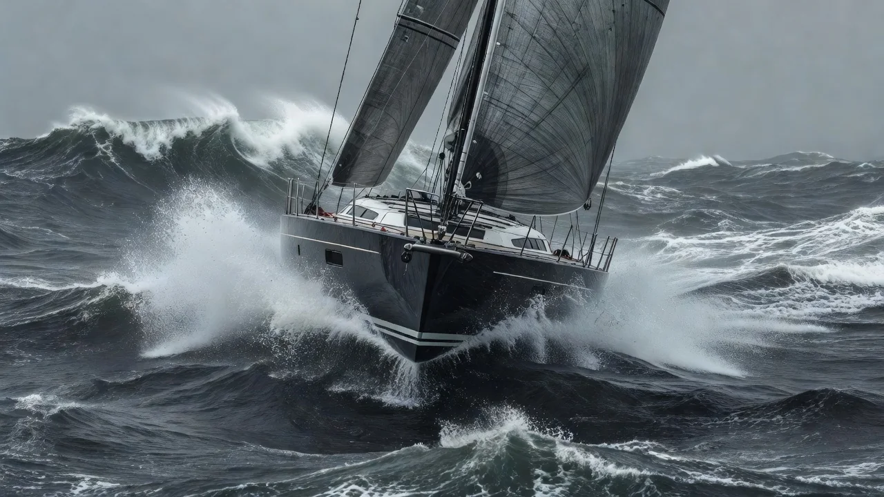 Couple in yellow foul weather gear reefing the mainsail on a heeled deck as breaking waves approach from astern