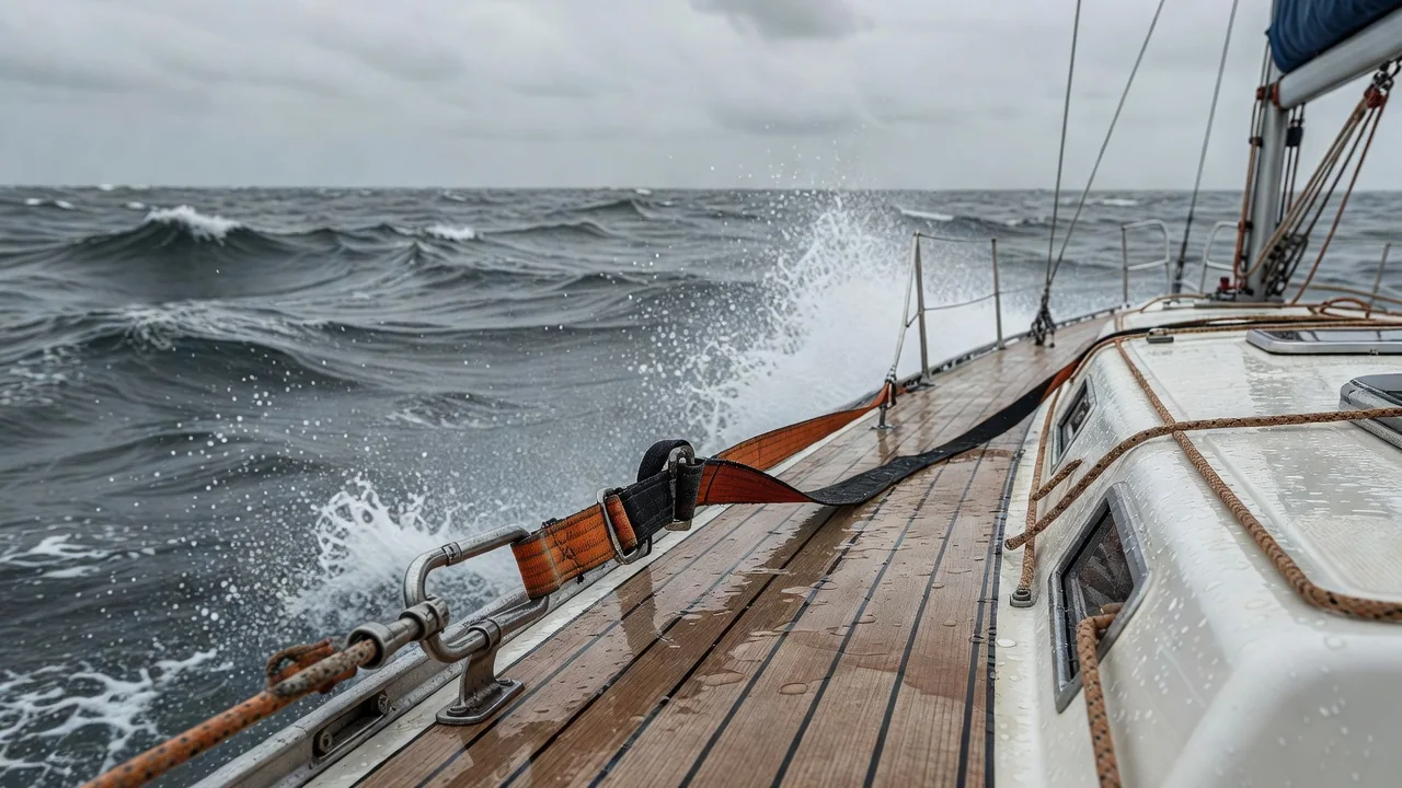 Safety harness tether clipped to a jackline on the wet side deck of a sailing yacht underway