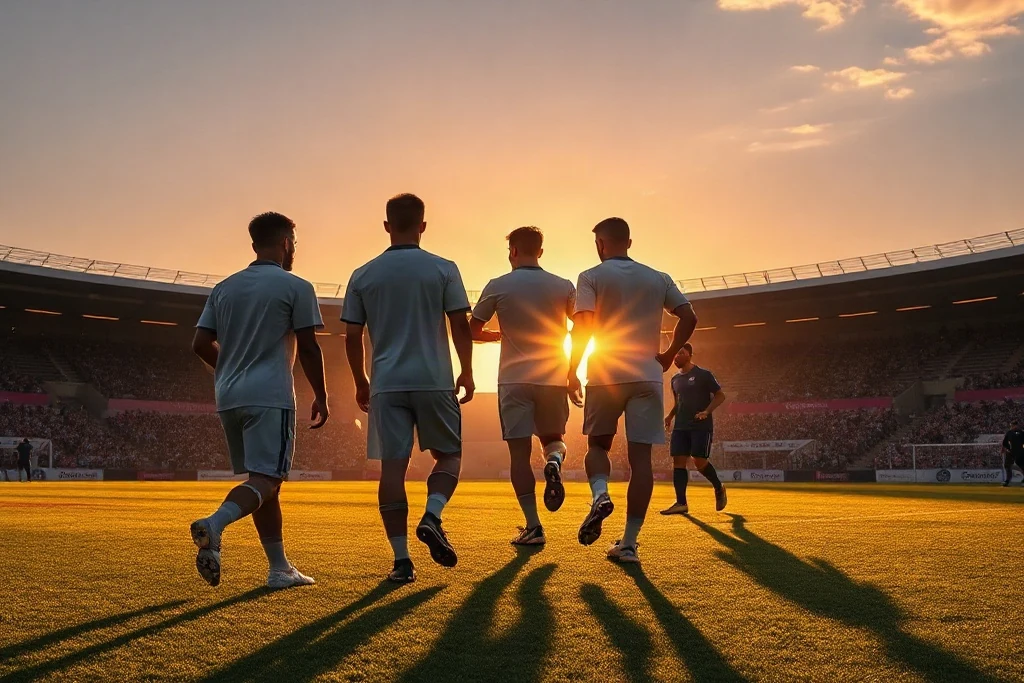 Calciatori in allenamento al tramonto visti in controluce