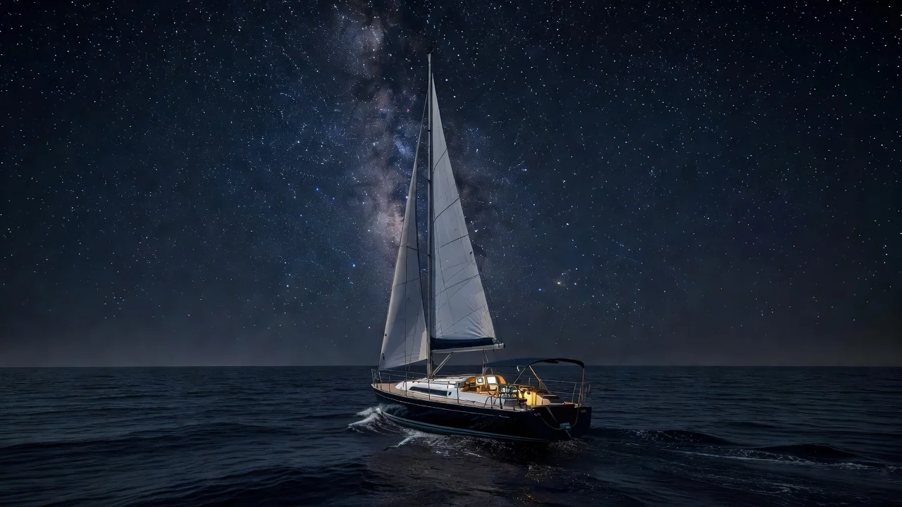 Yacht sailing under starlight with a dark ocean horizon and glowing instrument panel