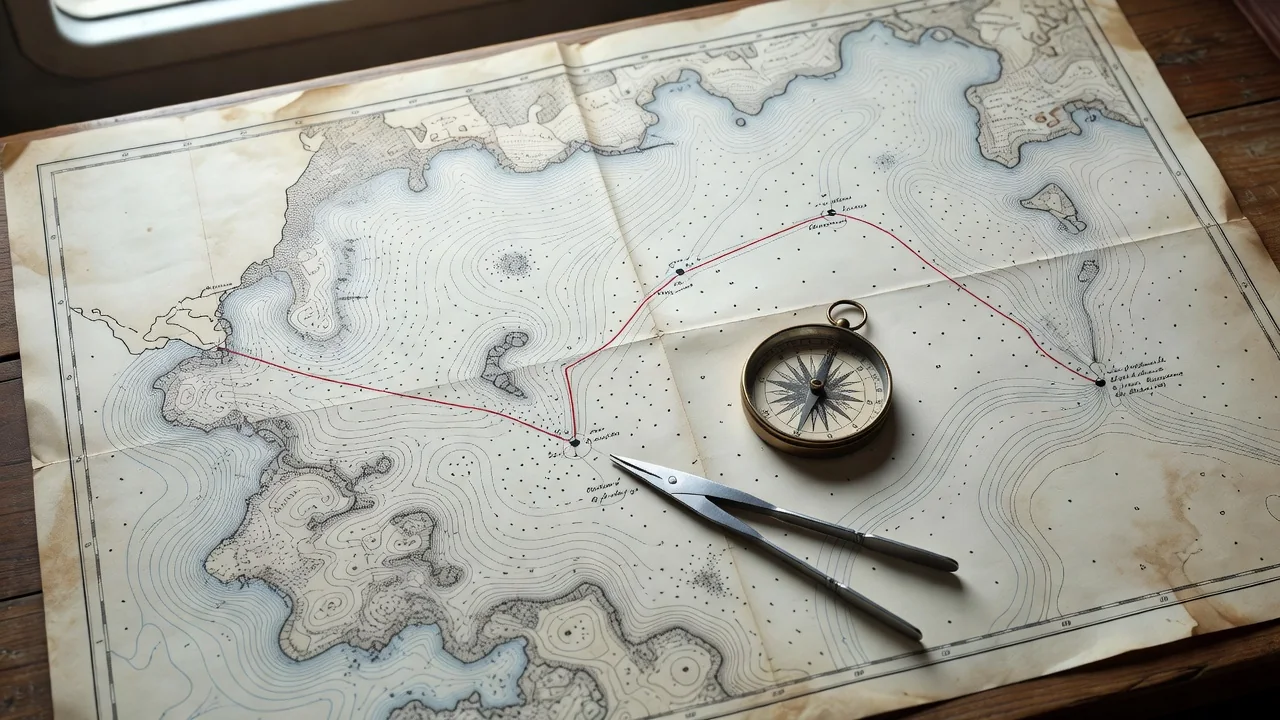 Sailboat navigating blue ocean with overlaid weather routing lines and current arrows