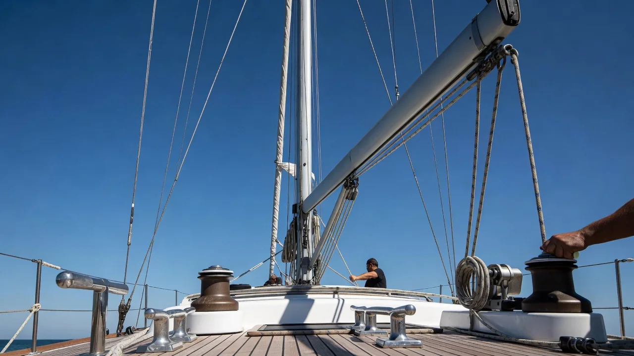 Sailor inspecting rigging and sail repairs on a bluewater cruising yacht