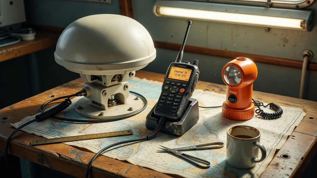 Offshore sailboat communications setup showing satellite antenna, SSB radio, and AIS display at night