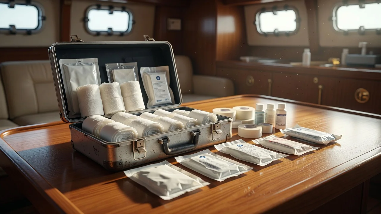 Ship medical kit with bandages and supplies laid out on a chart table inside a yacht saloon