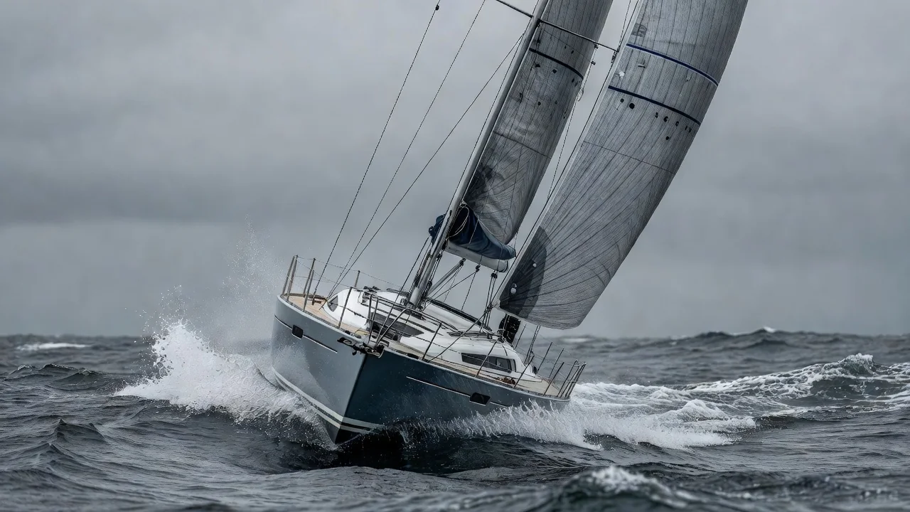 Roller-furled headsails and a reefed mainsail on a cruising yacht heeled under grey ocean skies