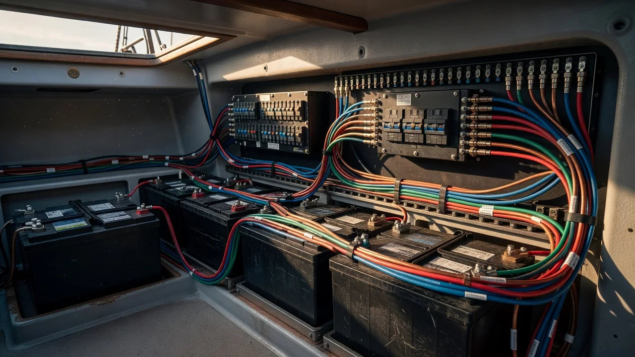 Battery bank and fuse panel with labelled cables in the electrical locker of a cruising sailboat