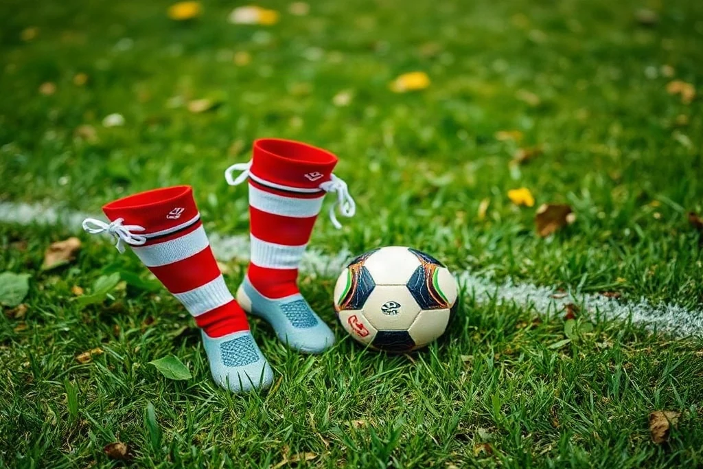 Scarponi da calcio infangati accanto a un pallone su erba bagnata, dettaglio ravvicinato