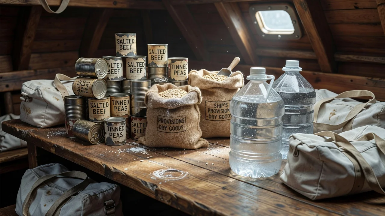 Sailboat galley packed with provisioning supplies for ocean passage
