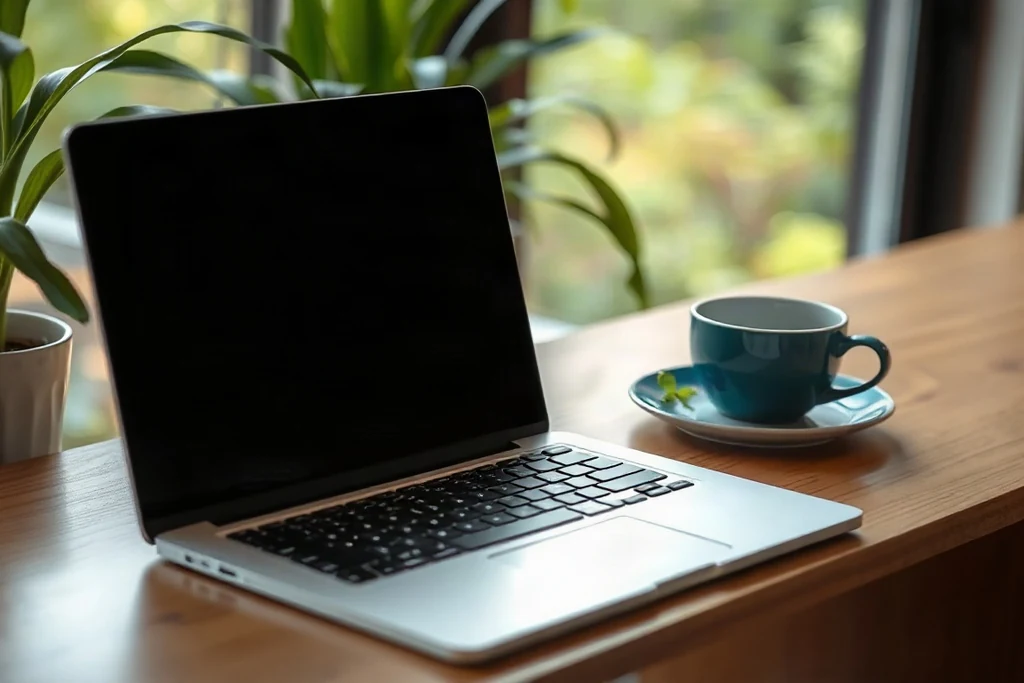 Modulo di registrazione su laptop con passaporto e occhiali accanto, scrivania ordinata, nessuna schermata leggibile