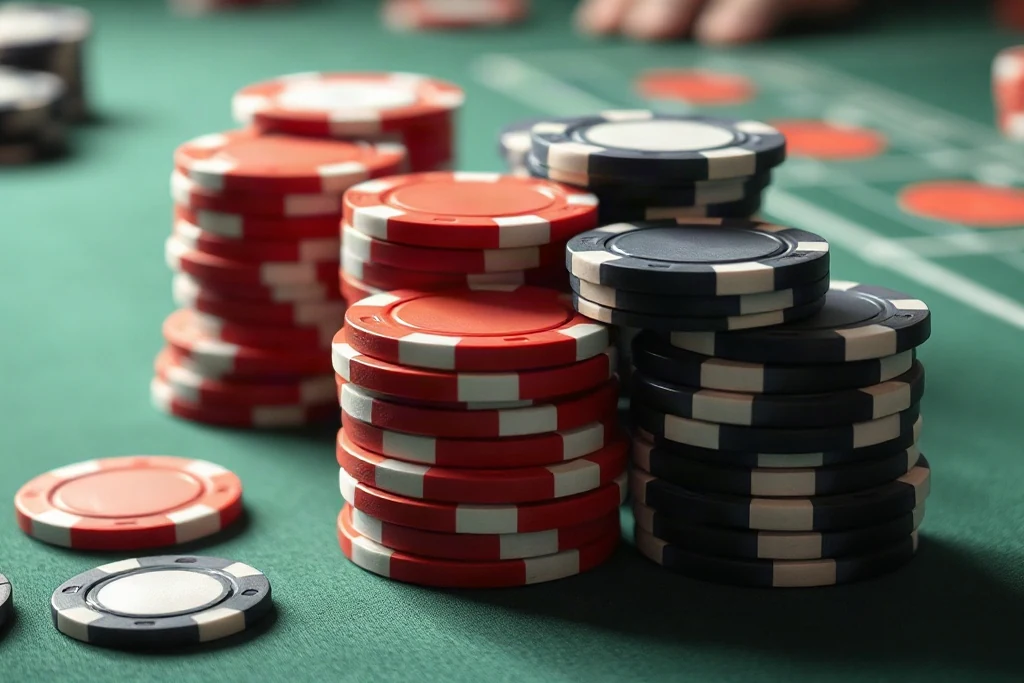 Fiches da poker rosse e nere impilate su panno verde