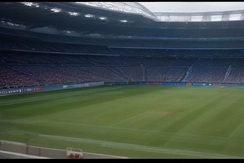 Telecamera di trasmissione sportiva su treppiede a bordo campo in uno stadio vuoto, luci dei riflettori