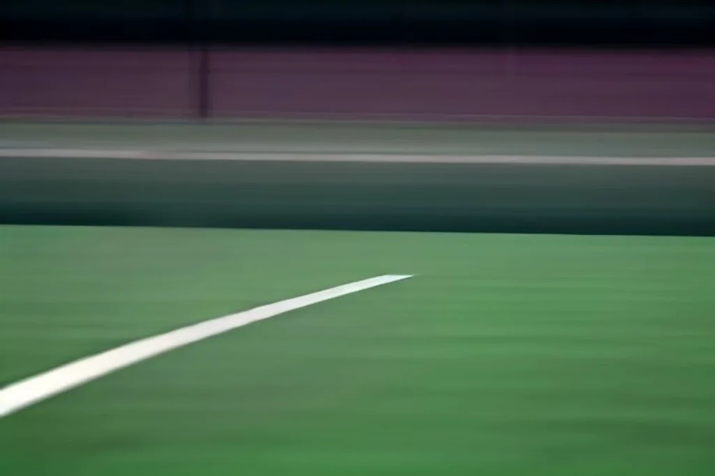 Campo da tennis serale illuminato dai riflettori senza giocatori, seggiolone dell'arbitro vuoto