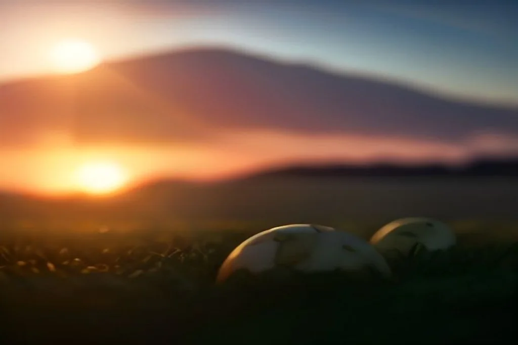 Campo da calcio visto dagli spalti vuoti con pallone al centro, tramonto, nessuna persona