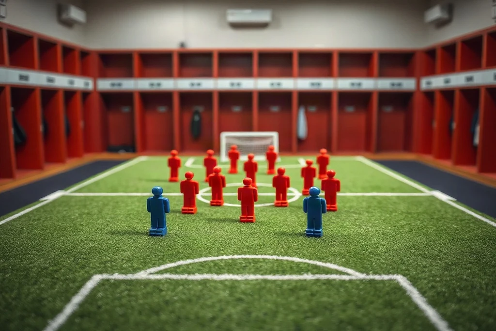 Campo da calcio in miniatura con pedine tattiche rosse e blu