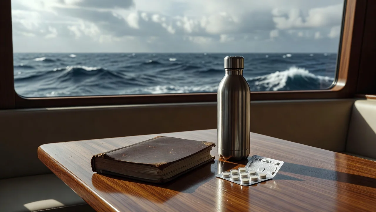Ship log, water bottle and medication blister pack on the saloon table of a yacht at sea