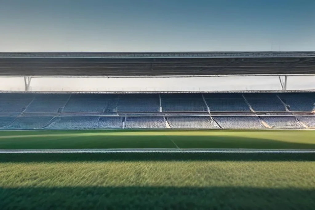 Stadio italiano moderno vuoto con campo curato e segnapunti spento, luce del pomeriggio