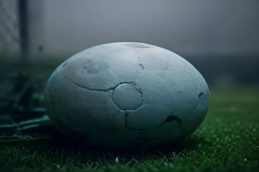 Pallone da calcio sul dischetto del rigore con rete sullo sfondo sfocato, stadio vuoto, luce radente