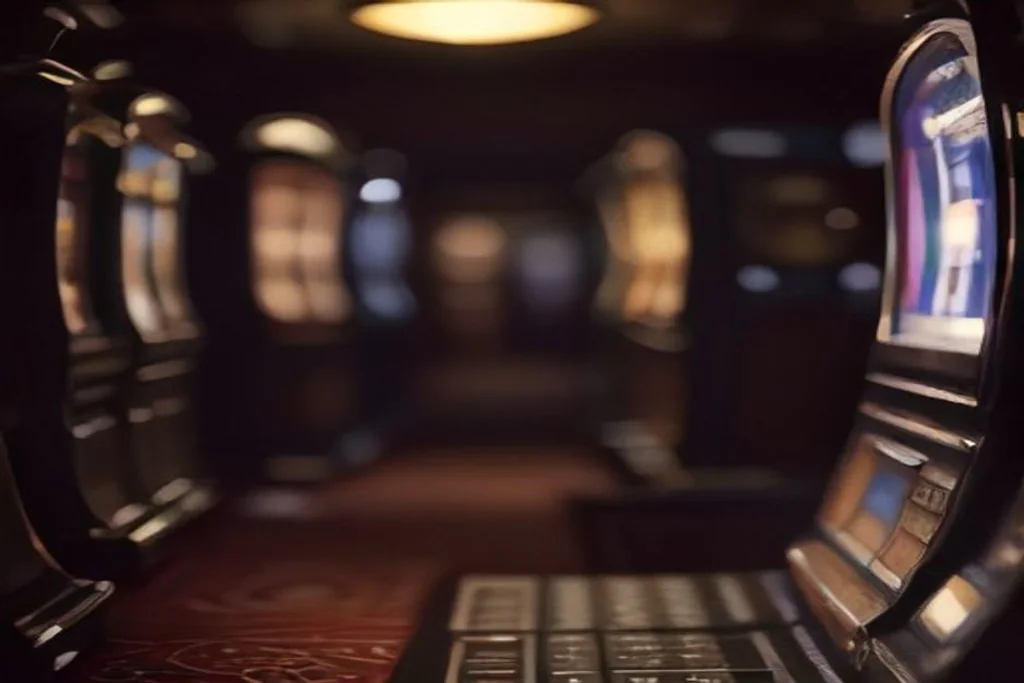 Fila di slot machine moderne spente con luci soffuse, sala casinò vuota, nessun testo leggibile