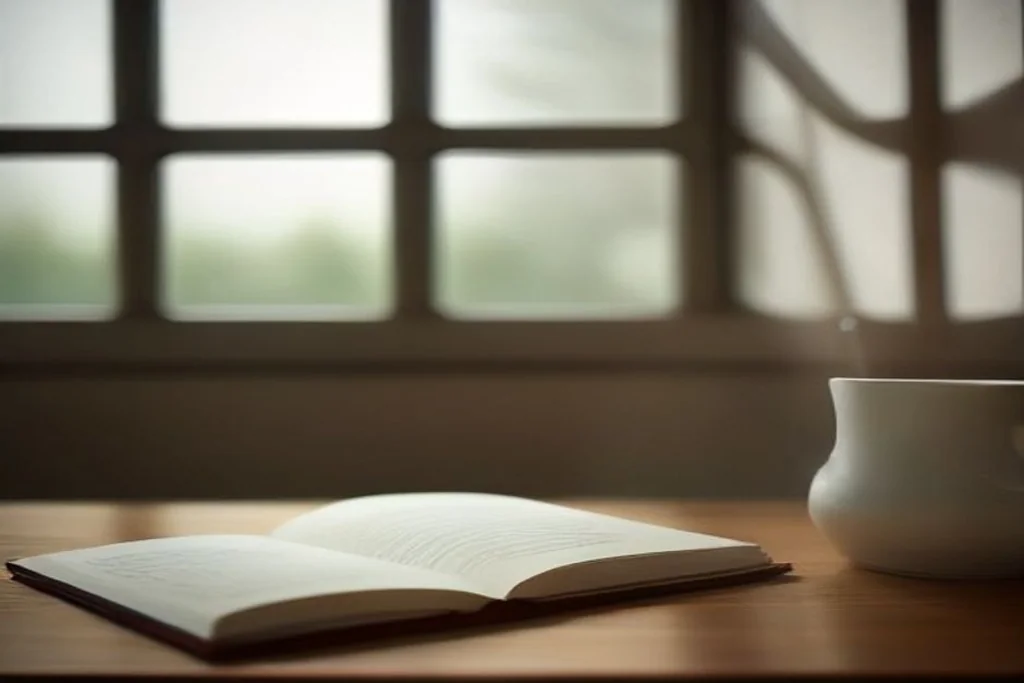 Notebook chiuso con occhiali e tazza su tavolo di legno, luce di finestra, atmosfera di studio