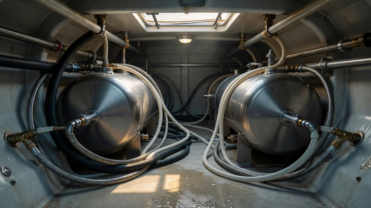 Stainless steel water tanks and plumbing hoses in the bilge locker of an ocean cruising yacht