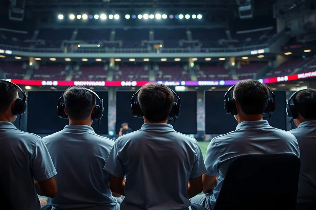 Giocatori di esports con cuffie alle postazioni visti da dietro sul palco