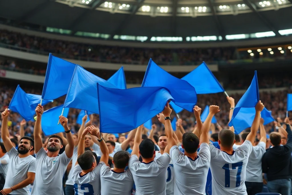 Tifosi con bandiere azzurre sugli spalti di uno stadio