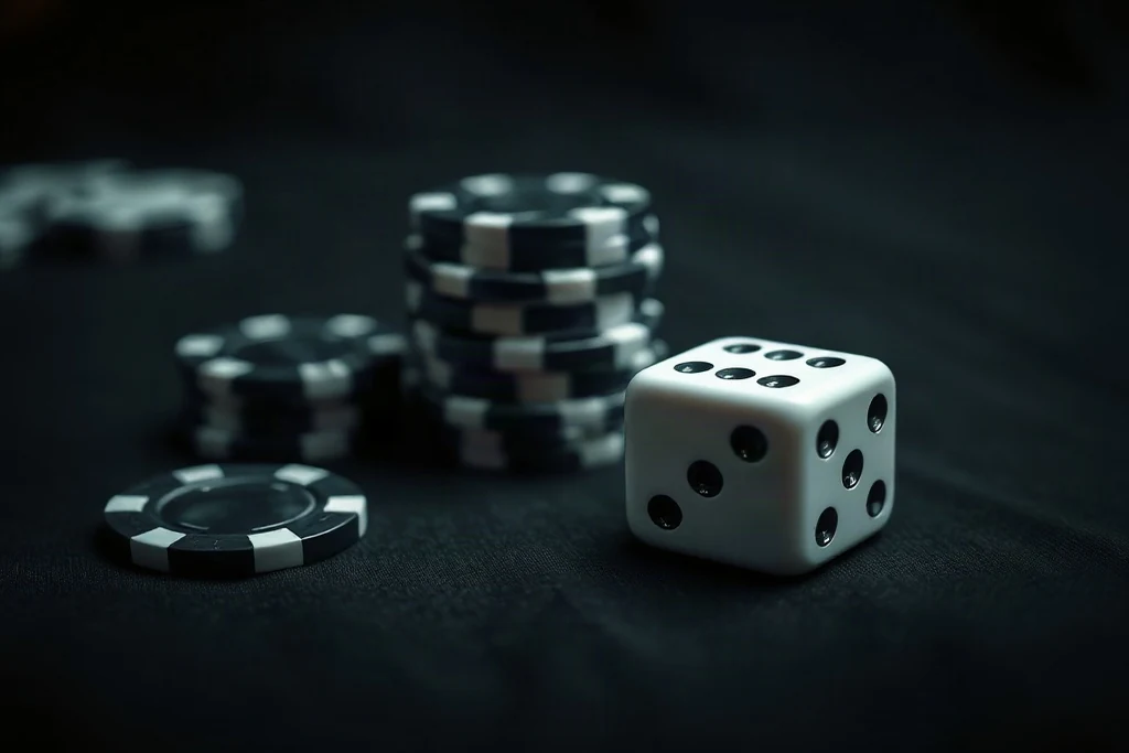 Dado e pile di fiches da poker su un tavolo scuro