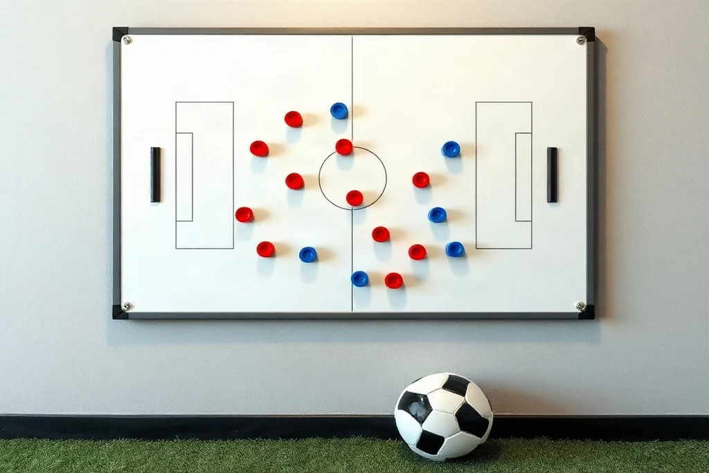 Lavagna tattica da calcio con magneti rossi e blu e pallone